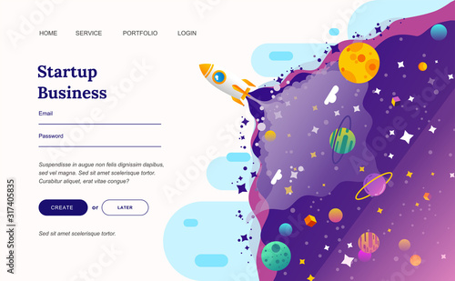 modern flat vector illustration of start up describe by rocket in the space with landing page design