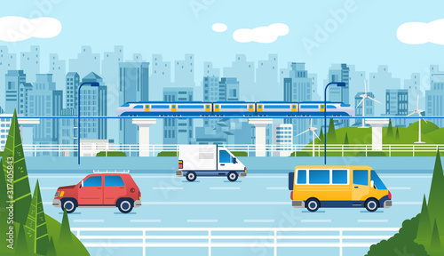 modern Highway road with cars and Monorail with cityscape as background