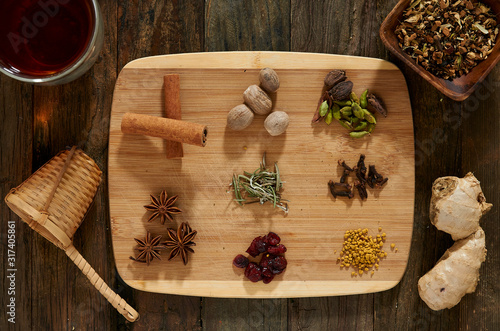spices in spoons on wooden background