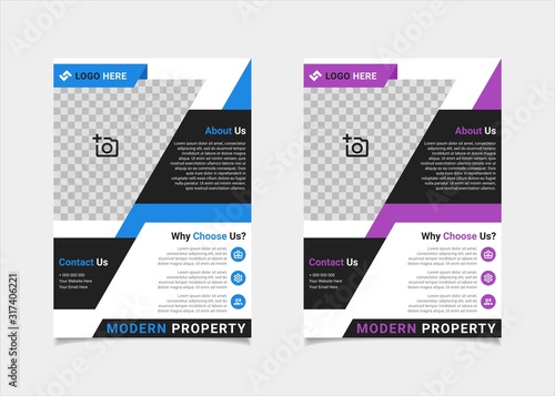 Business flyer estate template vector design, A4 brochure template blue and purple geometry shapes used for poster property leaflets, magazine property, and brochure cover property