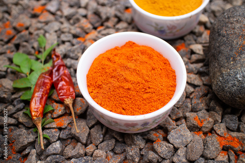 Indian spices, paprika or chilli powder used to make hot and spicy food Kerala India