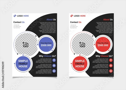 Business flyer estate template vector design, A4 brochure template blue and red geometry shapes used for poster property leaflets, magazine property, and brochure cover property