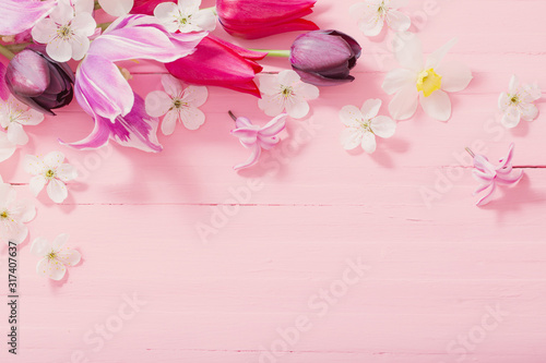 spring flowers on pink wooden background
