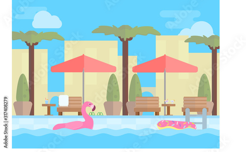 Hotel resort illustration. Open-air swimming pool with blue water,sun loungers, tables, beach umbrellas and palm trees. Stock vector.