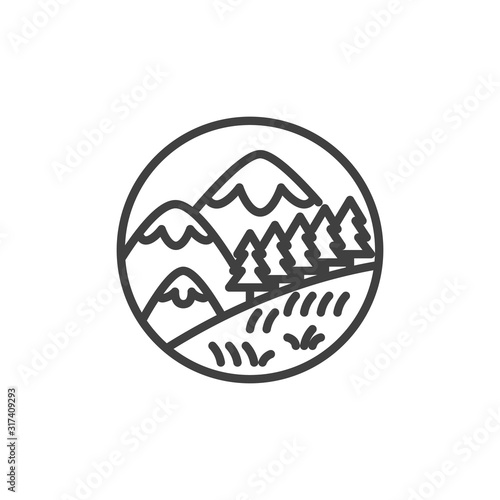 Snowy mountains and trees line icon. linear style sign for mobile concept and web design. Mountain landscape with forest trees outline vector icon. Symbol, logo illustration. Vector graphics