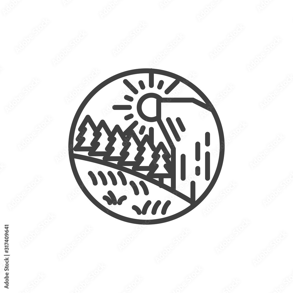 Mountain forest landscape line icon. linear style sign for mobile concept and web design. Forest trees with mountain and sun outline vector icon. Symbol, logo illustration. Vector graphics Mountain forest landscape line icon. linear style sign for mobile concept and web design. Forest trees with mountain and sun outline vector icon. Symbol, logo illustration. Vector graphics