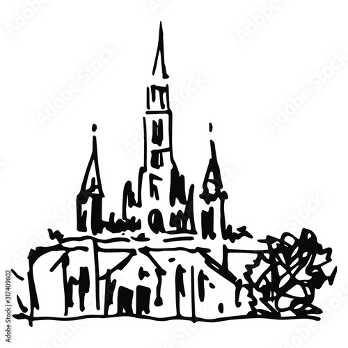 Isolated vector illustration. Basilica at Lourdes. Christian Catholic church in France. Place of pilgrimage. Hand drawn linear doodle ink sketch. Black silhouette on white background.