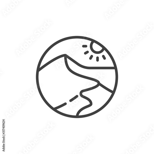 Desert landscape line icon. linear style sign for mobile concept and web design. Sand Dunes and sun outline vector icon. Symbol, logo illustration. Vector graphics