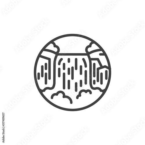 Waterfall landscape line icon. linear style sign for mobile concept and web design. Mountains and waterfall outline vector icon. Symbol, logo illustration. Vector graphics