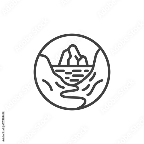 Landscape with mountains and sea line icon. linear style sign for mobile concept and web design. Sea scenery with rocks cliff outline vector icon. Symbol, logo illustration. Vector graphics