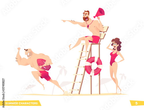 Funny brave marine lifeguards at the post. Marine rescuers shout an alarm and rush to the rescue.