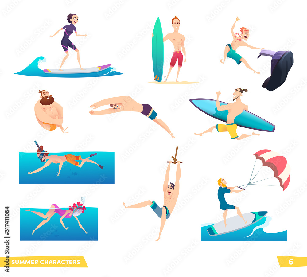 Extreme summer water sport. People and sea activities. Collection of summer characters.