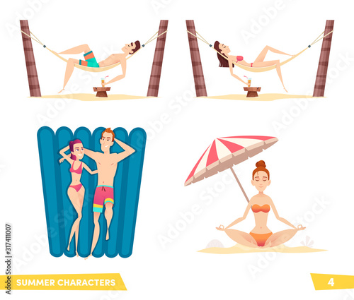 Collection of summer beach cartoon characters. People enjoy a beach holiday.