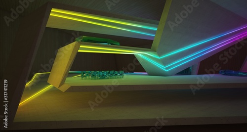 Abstract architectural concrete  wood and glass interior of a minimalist house with colored neon lighting. 3D illustration and rendering.