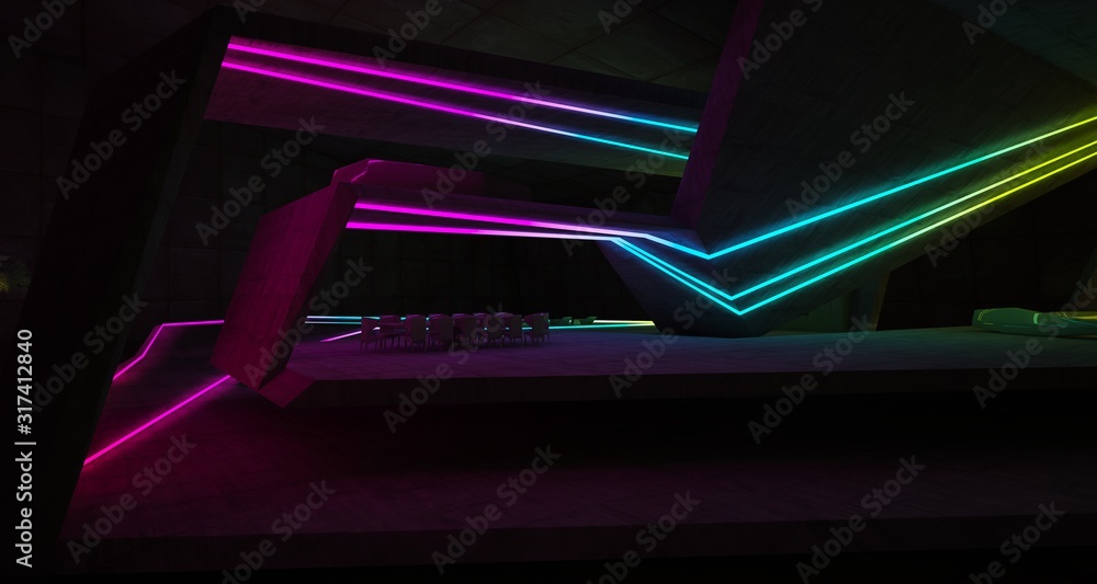 Naklejka Abstract architectural concrete and rusted metal interior of a minimalist house with colored neon lighting. 3D illustration and rendering.