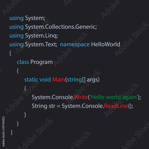C sharp code text. Computer software coding vector concept. Computer science lesson.