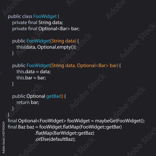 Java code text. Computer software coding vector concept. Coding script text on screen.