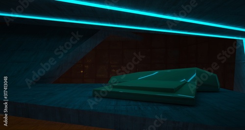 Abstract architectural concrete and rusted metal interior of a minimalist house with colored neon lighting. 3D illustration and rendering.