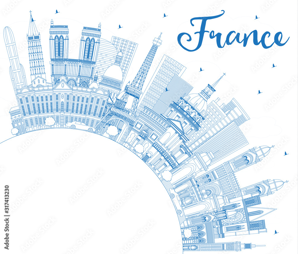 Outline France City Skyline with Blue Buildings and Copy Space.