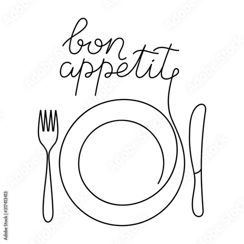 Continuous linear drawing of the plate and the inscription Bon appetit. Knife and fork contours. Hand drawn single line vector illustration on white background.