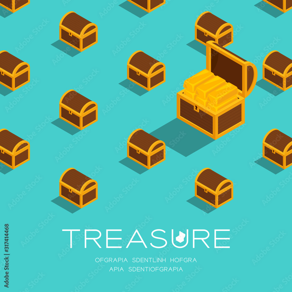 Treasure Chest with gold bullion 3D isometric pattern, Wealth concept poster and social banner post square design illustration isolated on green background with copy space, vector eps 10 Treasure Chest with gold bullion 3D isometric pattern, Wealth concept poster and social banner post square design illustration isolated on green background with copy space, vector eps 10