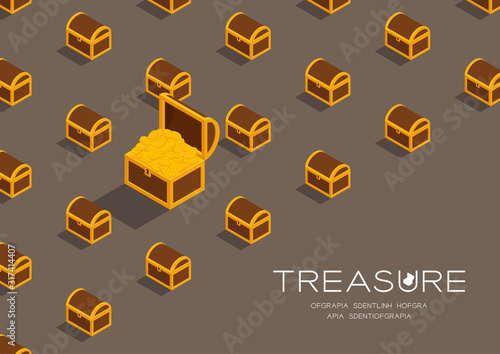 Treasure Chest with gold coin 3D isometric pattern, Wealth concept poster and social banner post horizontal design illustration isolated on brown background with copy space, vector eps 10