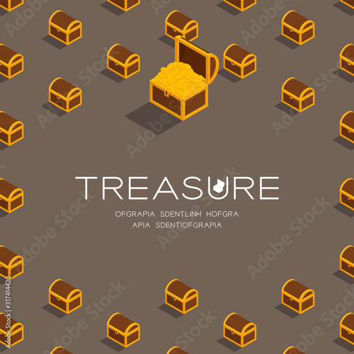 Treasure Chest with gold coin 3D isometric pattern, Wealth concept poster and social banner post square design illustration isolated on brown background with copy space, vector eps 10