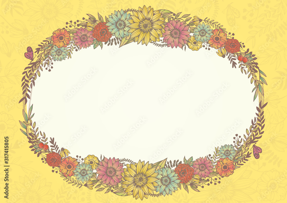 アンティークカラー レトロな花柄の背景素材 手書きイラスト 結婚式招待状 サロンdm イエロー Stock Illustration Adobe Stock