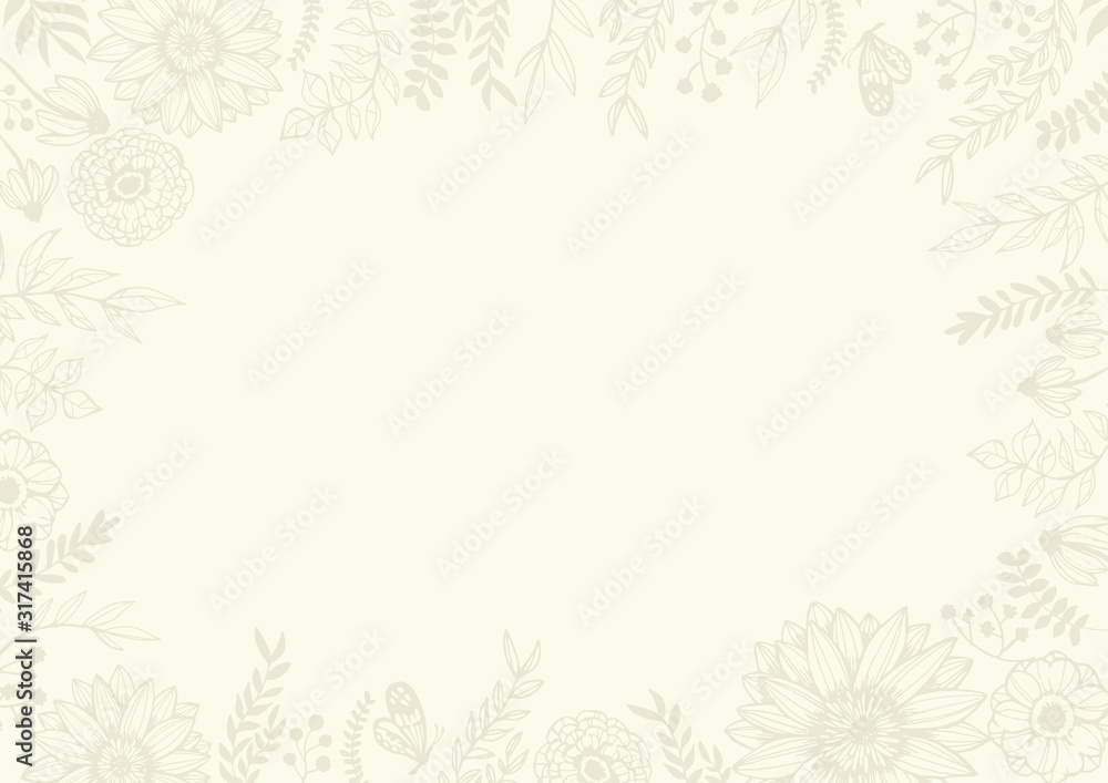 アンティークカラー　ホワイト　レトロな花柄の背景素材　手書きイラスト　結婚式招待状　サロンDM