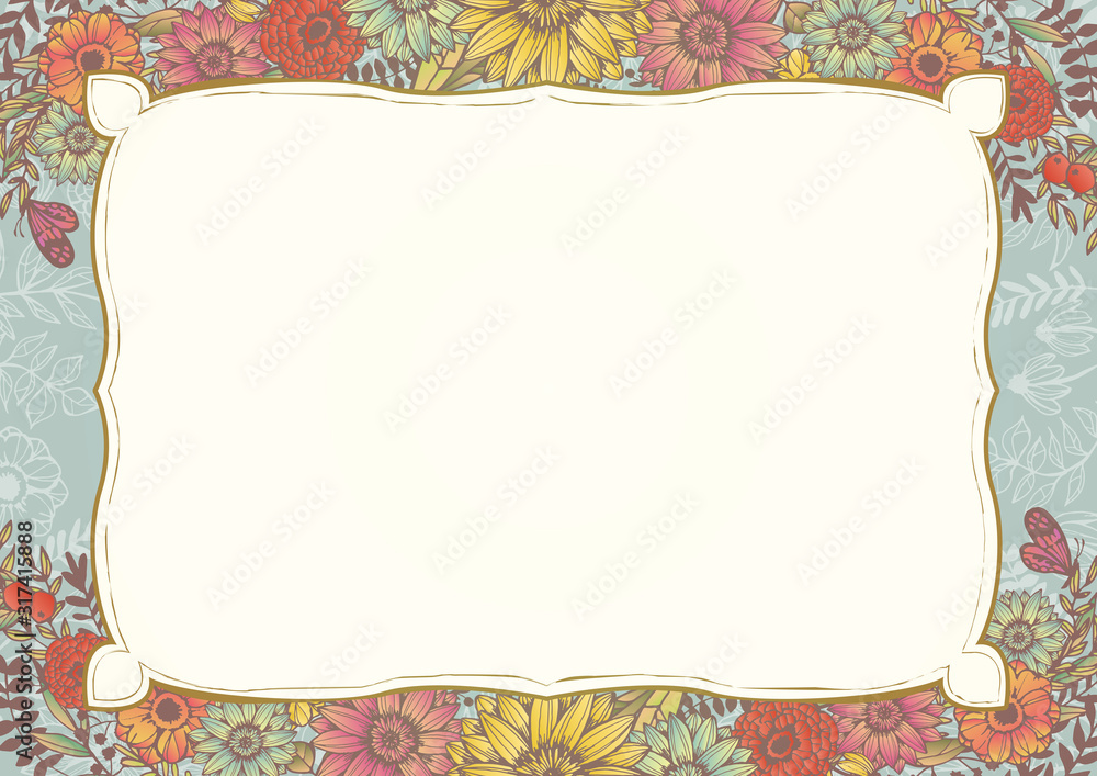 アンティークカラー 水色 レトロな花柄の背景素材 手書きイラスト 結婚式招待状 サロンdm Stock Illustration Adobe Stock