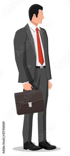 Businessman in black suit. Male character. Business man with leather case. Office employee or worker, manager, salesman, bank clerk. Vector illustration in flat style