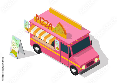 vector isometric pizza food truck.