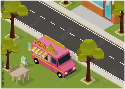 vector isometric pizza food truck.