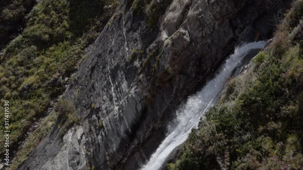 Natural Waterfall in Himalayas, Garhwal Himalayan range, near Kedarnath Temple in Uttarakhand, India.Falling water hitting water surface, some huge rocks see able in front of frame. Lush green leaf. Natural Waterfall in Himalayas, Garhwal Himalayan range, near Kedarnath Temple in Uttarakhand, India.Falling water hitting water surface, some huge rocks see able in front of frame. Lush green leaf.