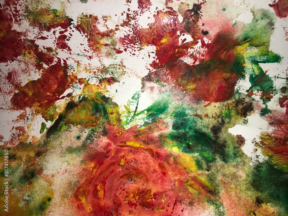 abstract roses painted with multicolor watercolor paint in grunge technique on watercolor paper