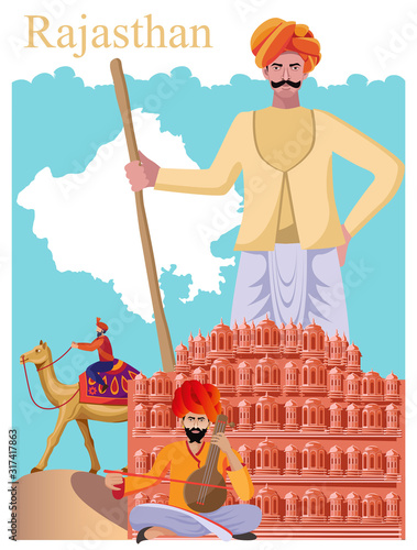 rajasthan collage with hawa mahal and cultural people vector