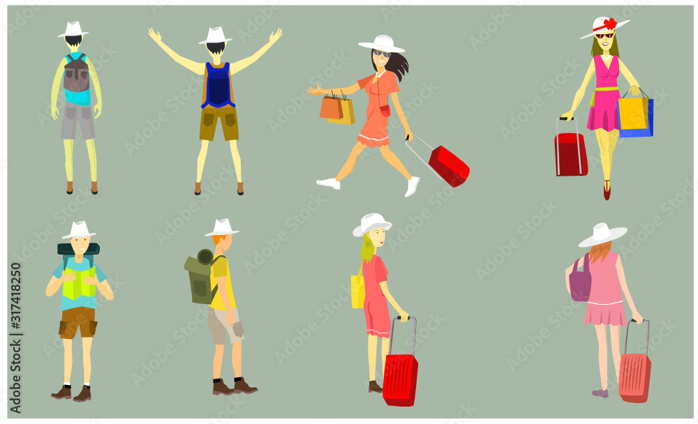 People going travel with luggage and backpack. Travel and transportation theme vector illustration.