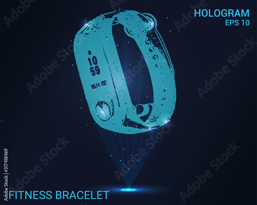 Hologram fitness bracelet. Holographic projection smart watch. Flickering energy flux of particles. Scientific health design.