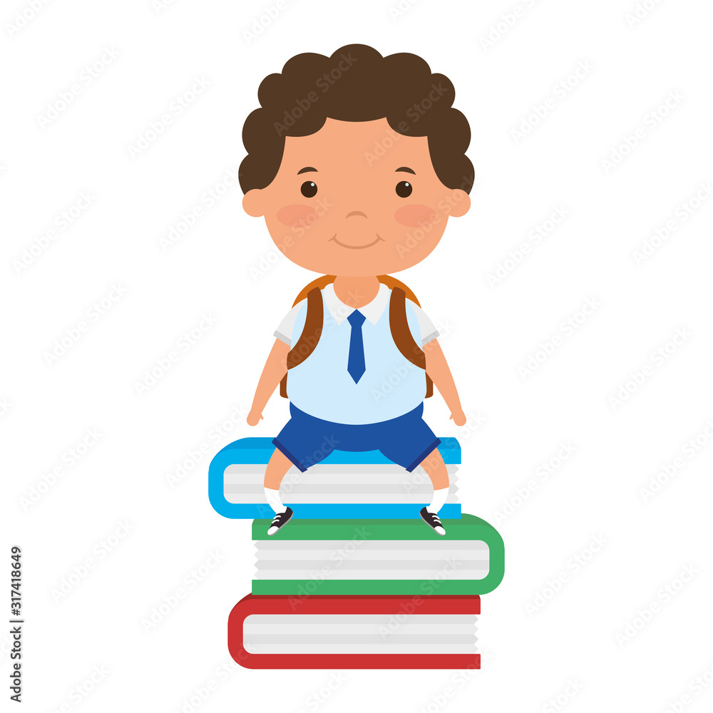 cute little student boy seated in books character cute little student boy seated in books character