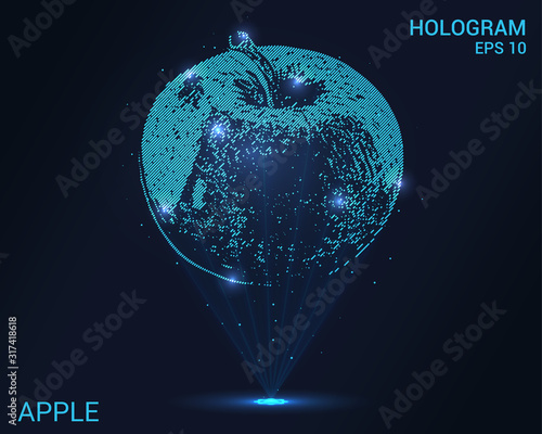 A hologram of an Apple. Holographic projection of an Apple. Flickering energy flux of particles. Scientific fruit design.