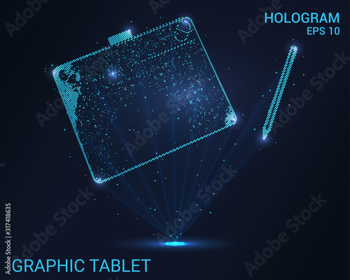 Hologram graphic tablet. Holographic projection graphic tablet and stylus. Flickering energy flux of particles. Scientific design electronics.