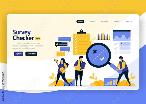 landing page vector flat design illustration of survey checkers with automatic checking technology, internet artificial intelligence, big data. for websites, mobile apps, banner, flyer, brochure, ads