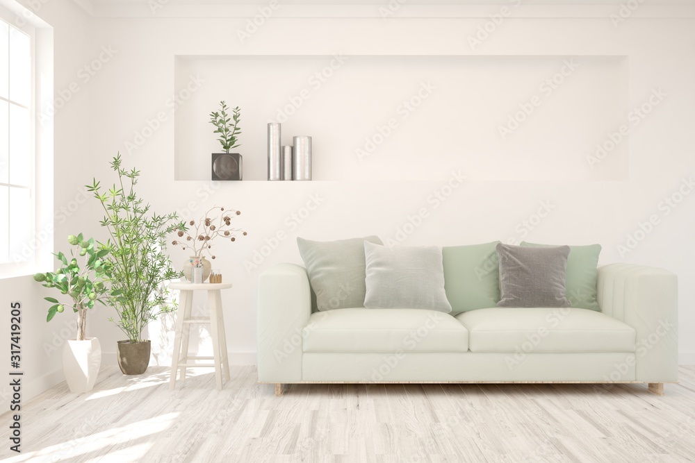 Stylish room in white color with sofa. Scandinavian interior design. 3D illustration Stylish room in white color with sofa. Scandinavian interior design. 3D illustration