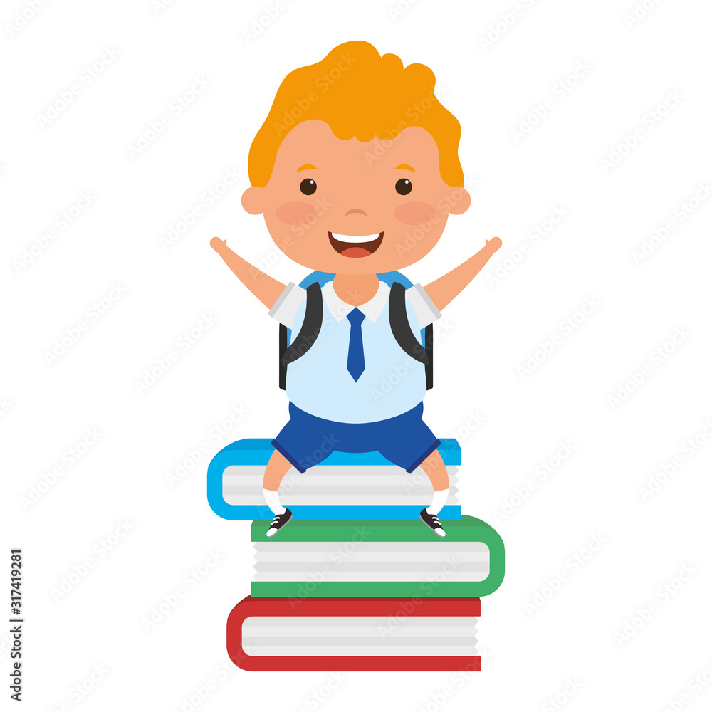 cute blond student boy seated in books character