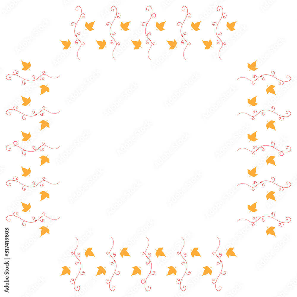Square frame with vertical red decorative elements and little yellow leaves on white background. Isolated wreath for your design. Square frame with vertical red decorative elements and little yellow leaves on white background. Isolated wreath for your design.