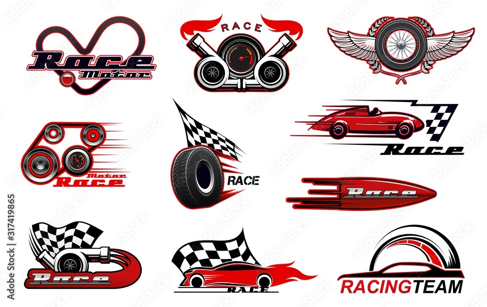 Car motor race and motorsport icons. Vector racing symbols, badges with  checkered flag, winged wheel, sport vehicles, speedometer and tyre, turbine  and wreath, wings. Racing sport, speed icons Stock-Vektorgrafik | Adobe  Stock