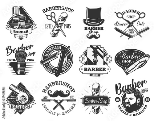 Barbershop retro vector icons. Hair cutting, beard and mustache shaving, pole of barber shop, straight razor and hipster man head, gentleman hairdresser chair, grooming shaver, scissors