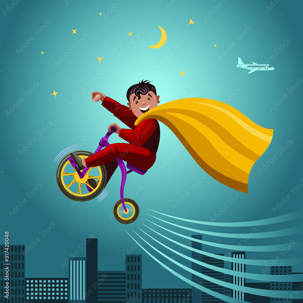 Super hero boy. Smiling boy in cloak flies bicycle. Cartoon comic character. Color vector illustration.