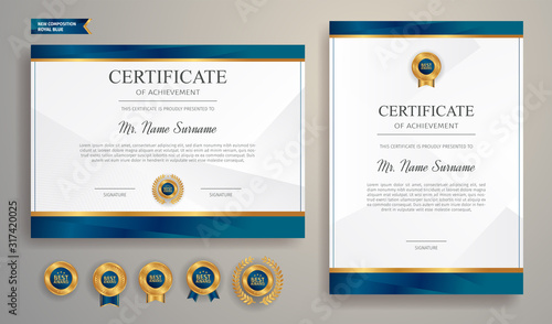 Premium gold and blue certificate of appreciation template, clean modern design with gold badge