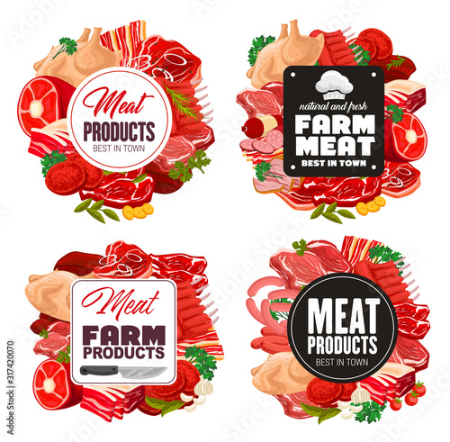 Meat and sausage, butcher shop. Vector frame of sausages, pork and beef, salami and ham, chicken or turkey poultry, seasonings. Steaks and bacon, gammon, mutton, lettuce leaves and tomatoes